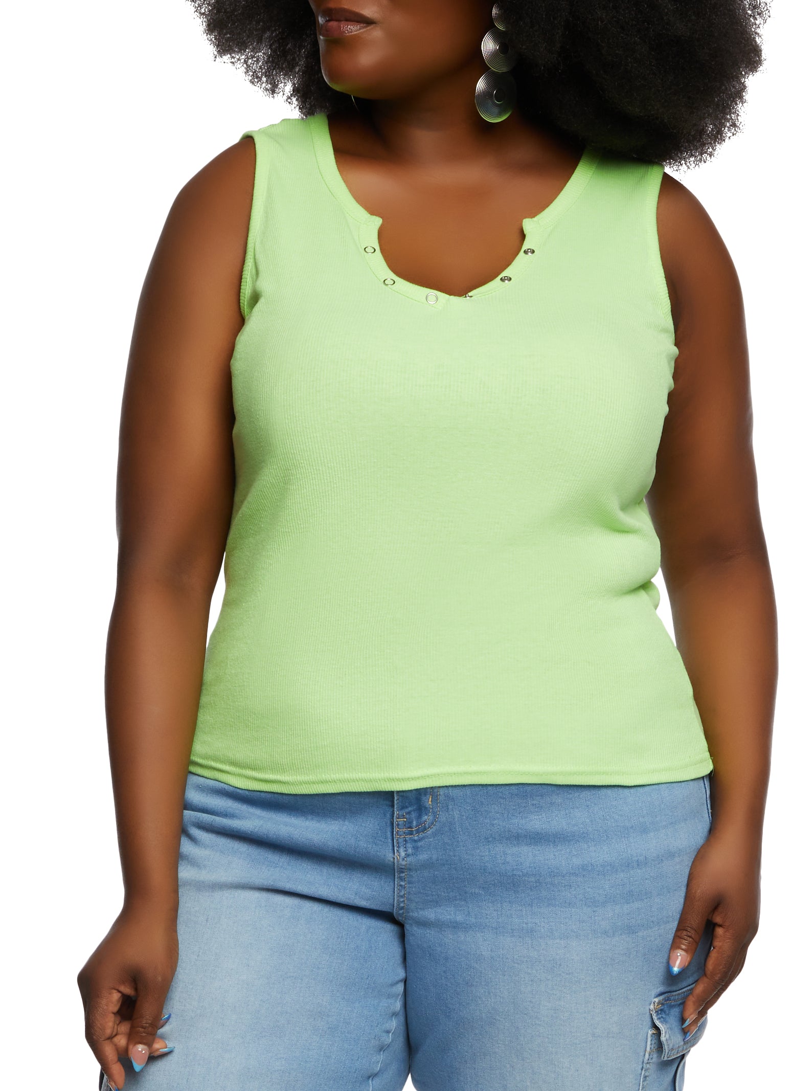 Womens Plus Size Snap Button Notch Neck Tank Top, Green, Size 4X