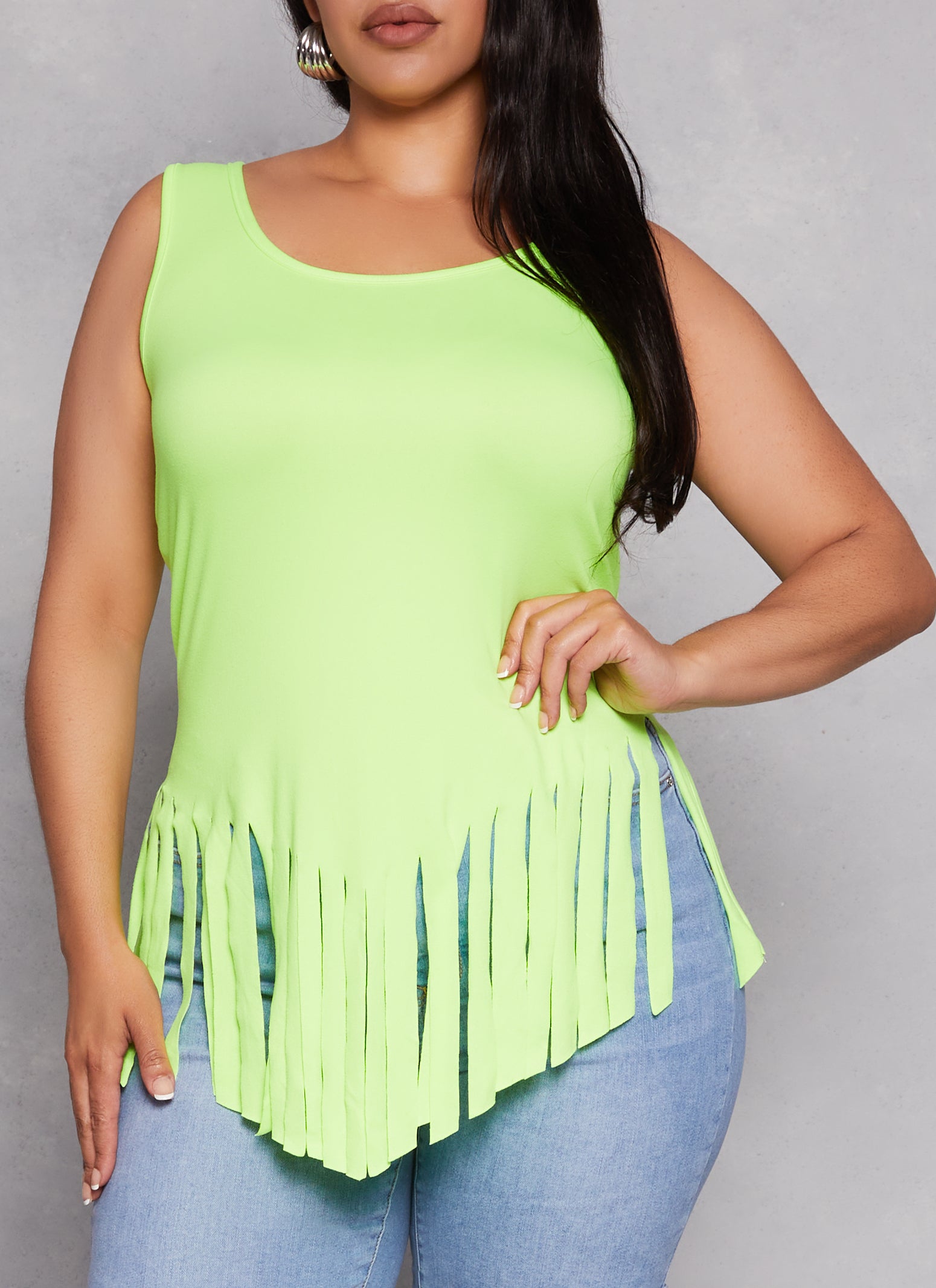 Womens Plus Size Scoop Neck Fringe Hem Tank Top, Green, Size 4X