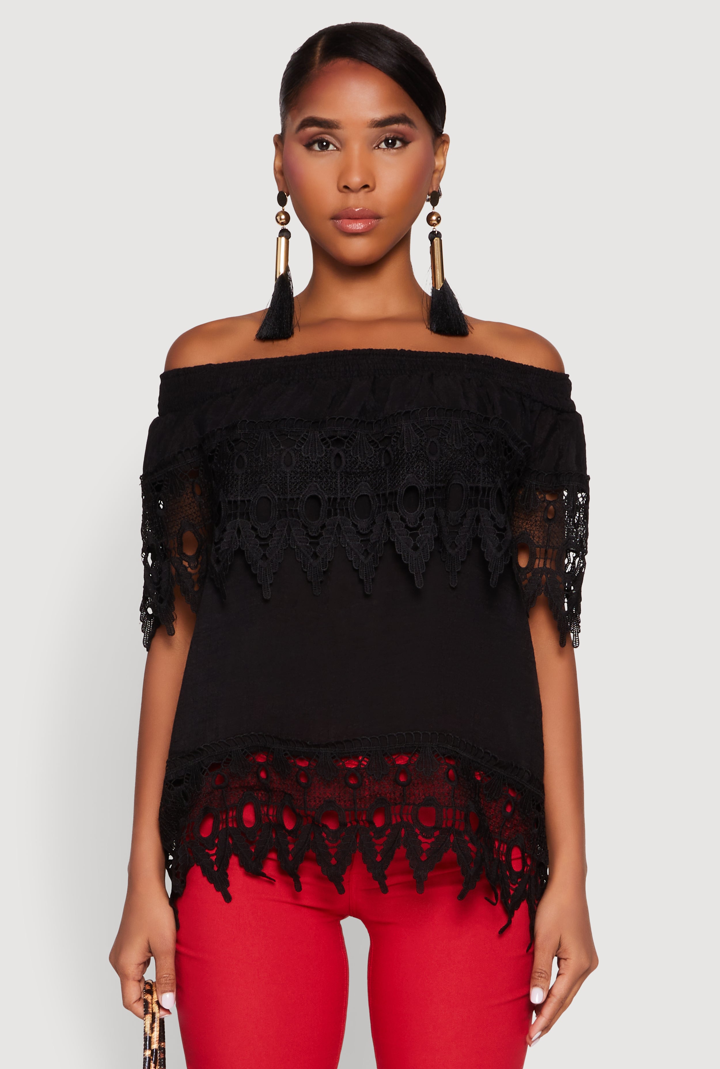 Womens Lace Trim Off the Shoulder Blouse, Black, Size S