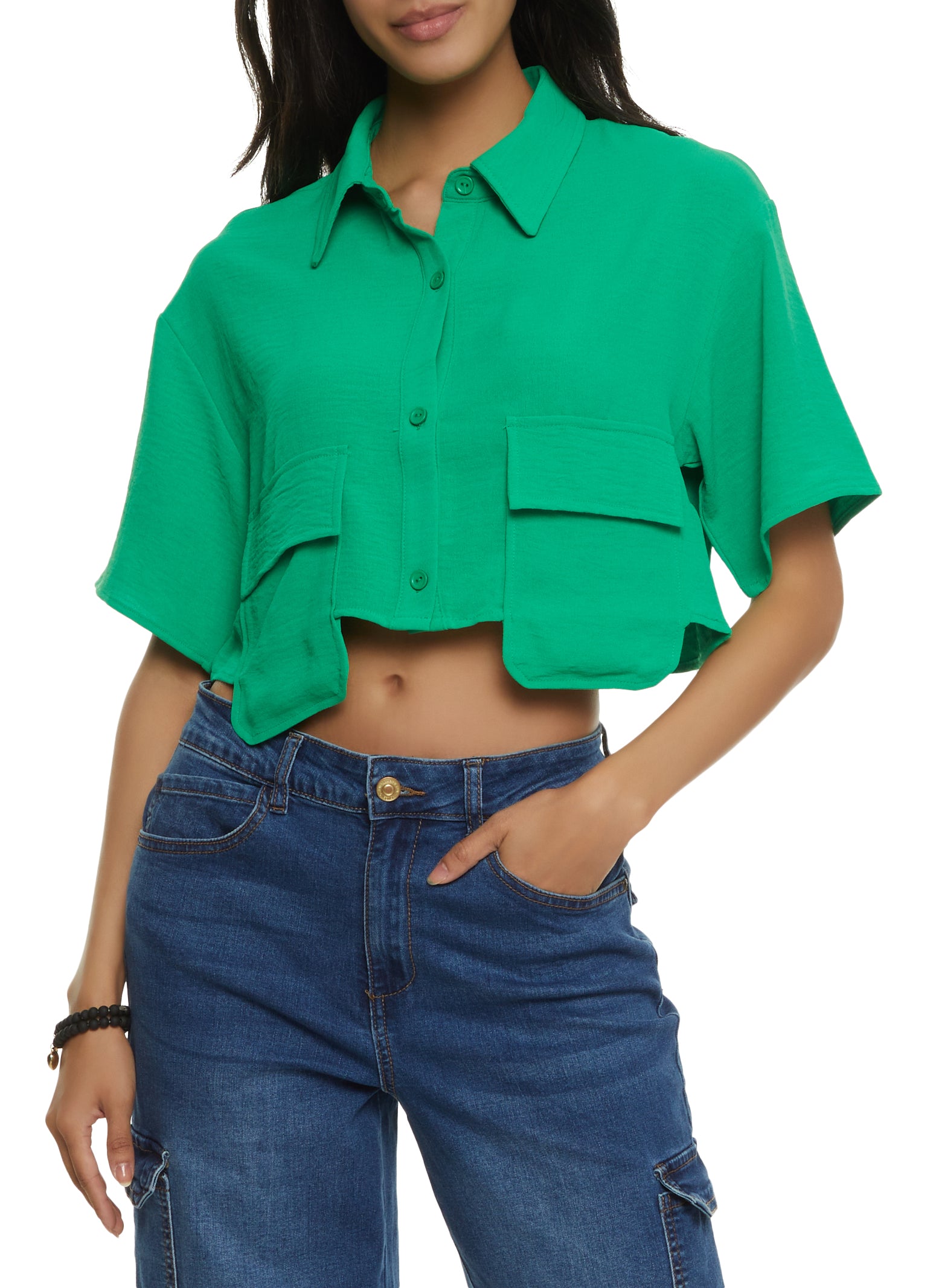 Womens Cropped Flap Pocket Detail Button Front Shirt, Green, Size S
