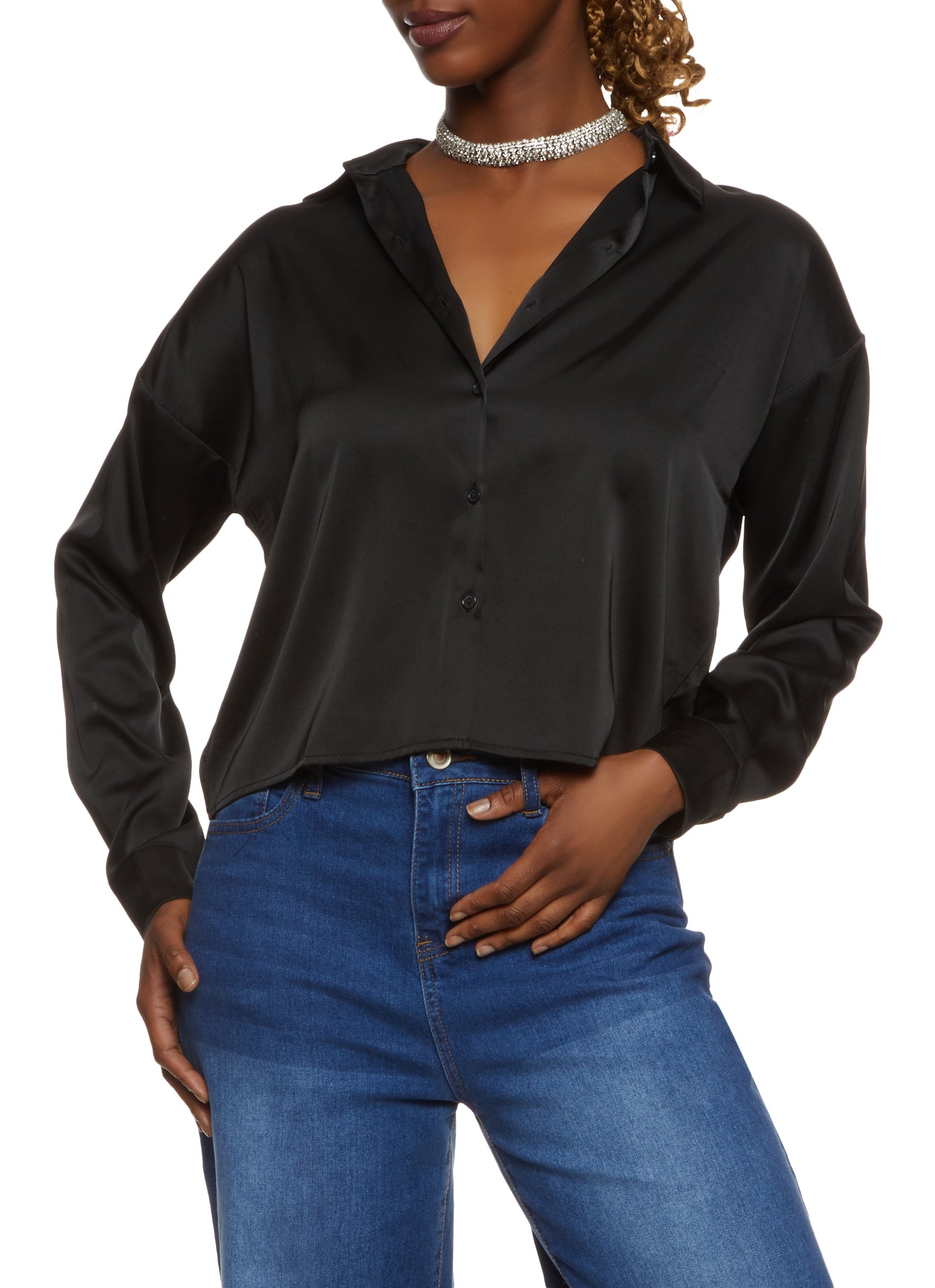 Womens Button Front Satin Shirt,