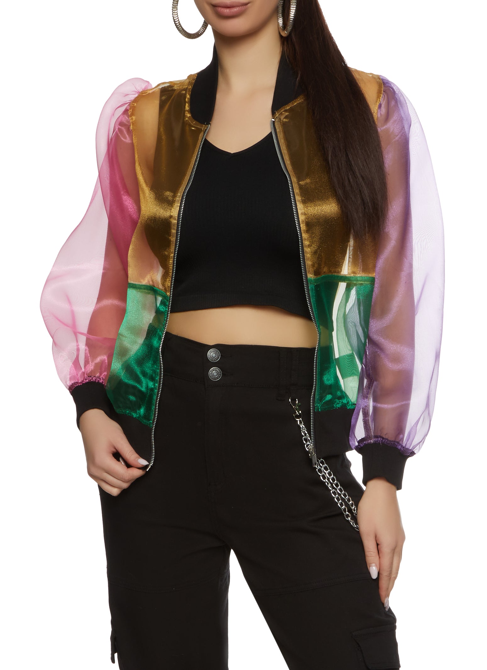 Womens Color Block Organza Bomber Jacket, Multi, Size M