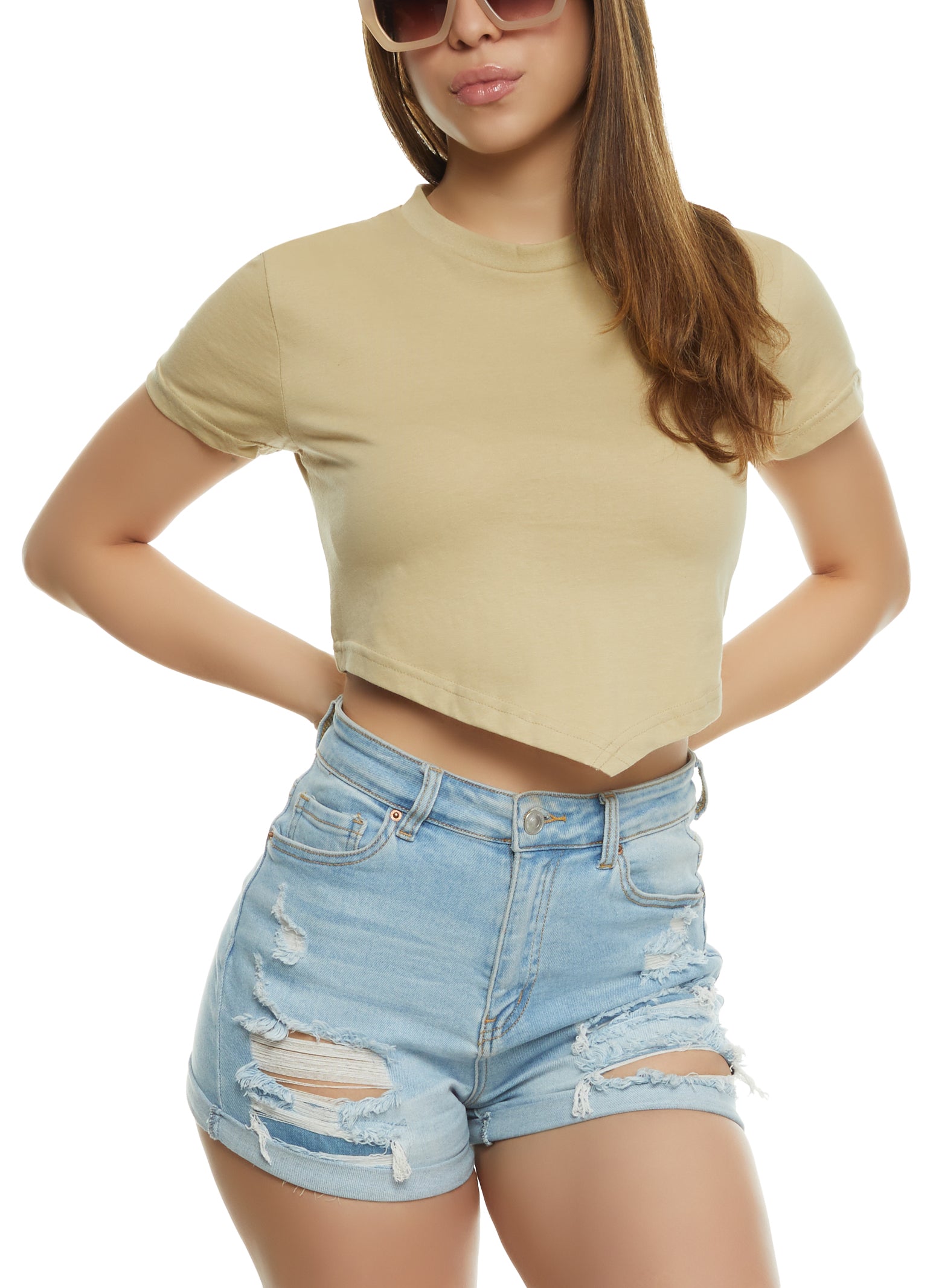 Womens Crew Neck Hanky Hem Cropped Tee, Beige, Size L