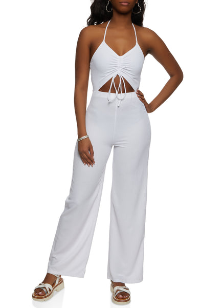 Sleeveless Knit Halter Ruched Cutout Jumpsuit
