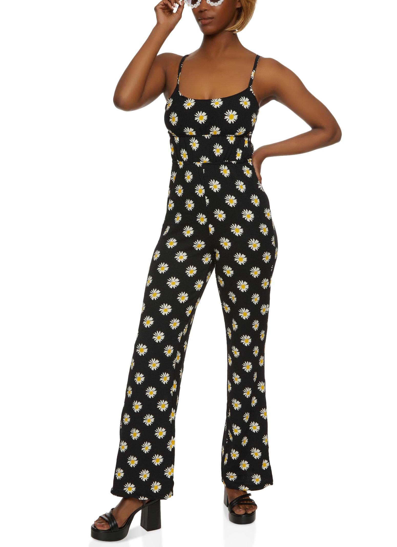 Womens Daisy Print Jumpsuit, Black, Size M