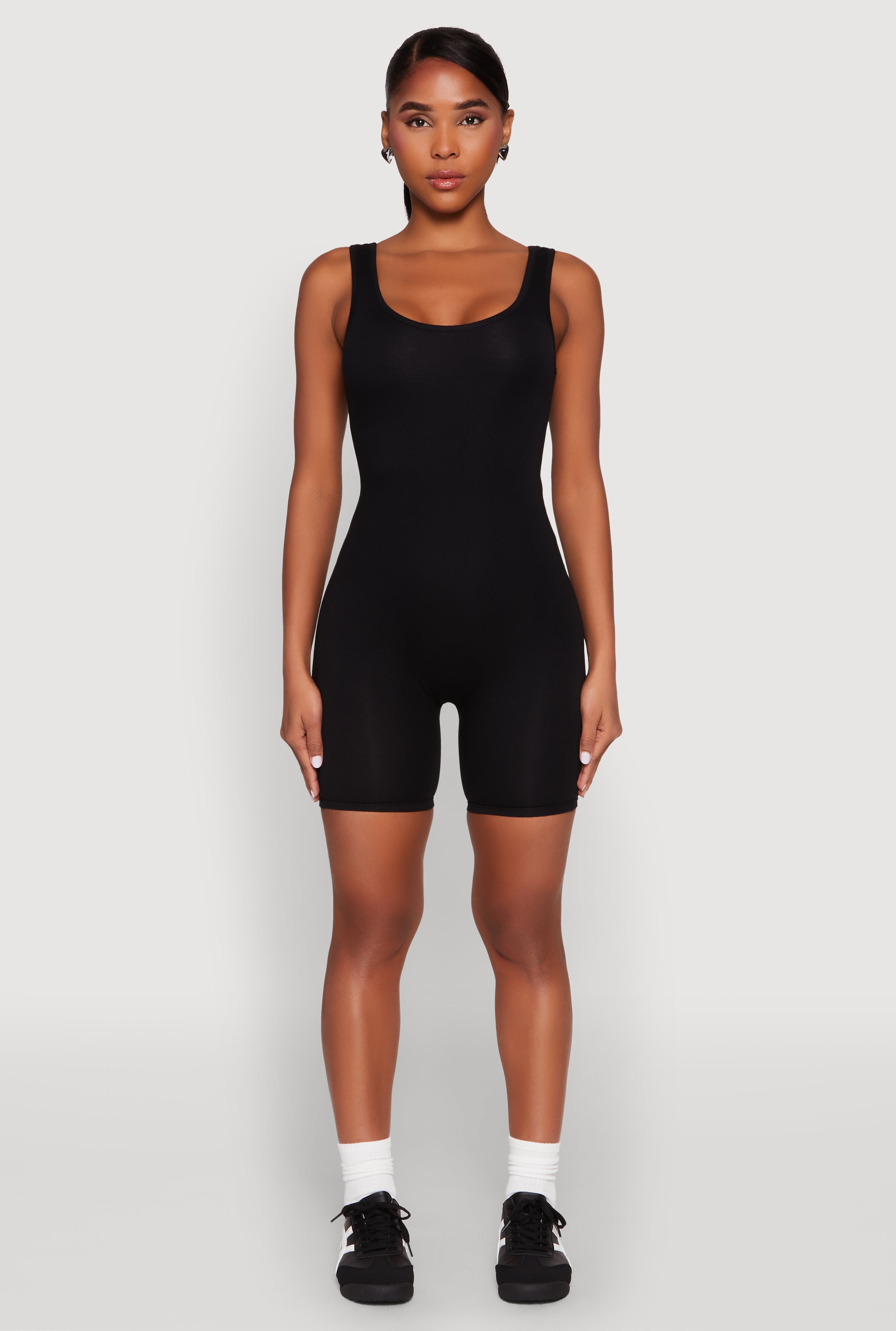 Womens Scoop Neck Tank Biker Romper, Black, Size S