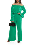 Pleated Smocked Bell Long Sleeves Off the Shoulder Jumpsuit