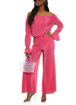 Bell Long Sleeves Off the Shoulder Smocked Pleated Jumpsuit