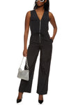 V-neck Pocketed Front Zipper Nylon Sleeveless Jumpsuit