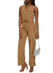 V-neck Sleeveless Pocketed Front Zipper Nylon Jumpsuit