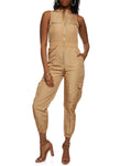 Nylon Sleeveless Pocketed Front Zipper Jumpsuit