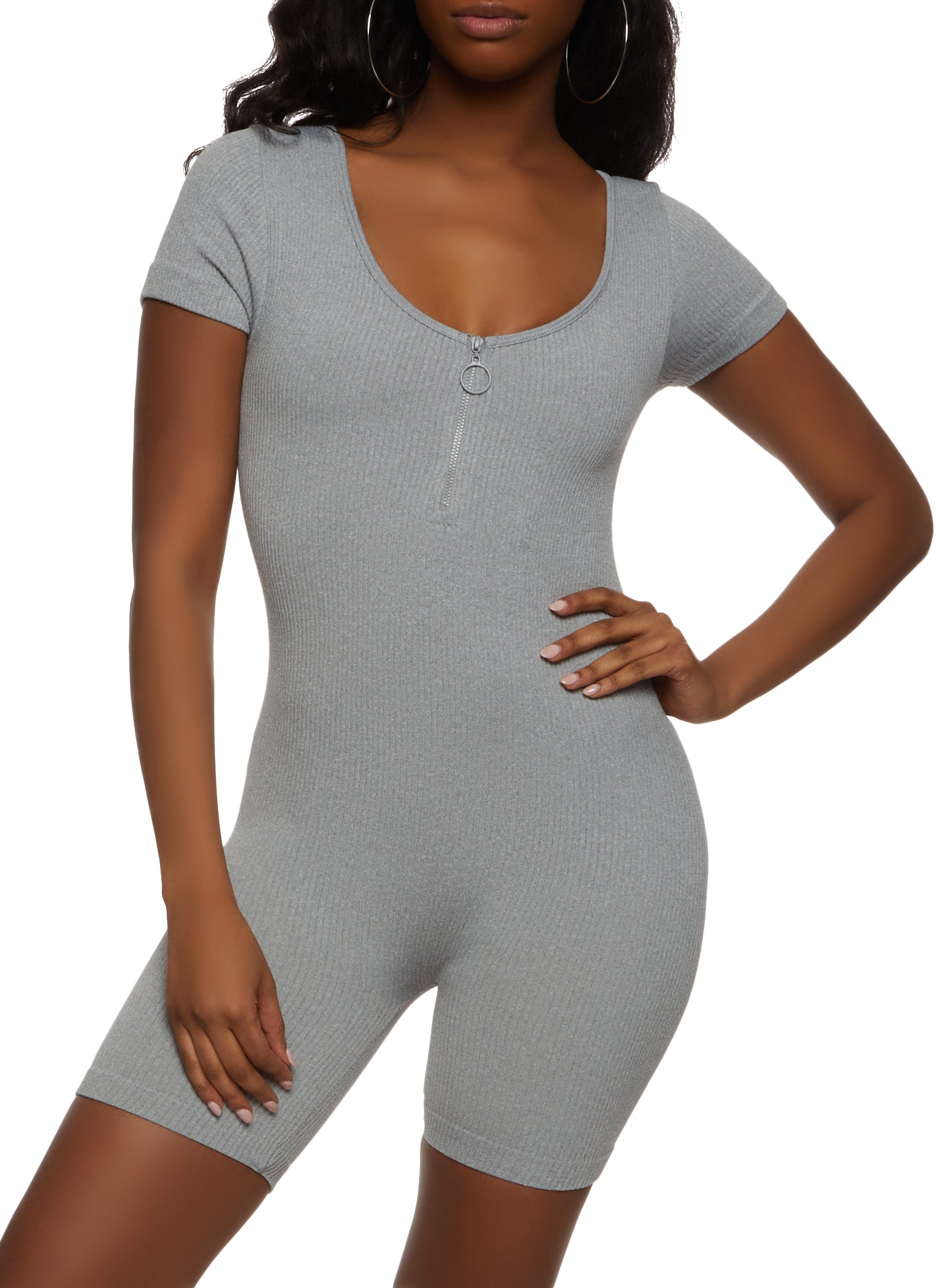 V Neck Short Sleeve Ribbed Knit Bodycon Jumpsuit