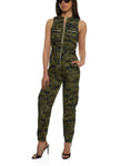 Sleeveless Nylon Camouflage Print Pocketed Front Zipper Jumpsuit