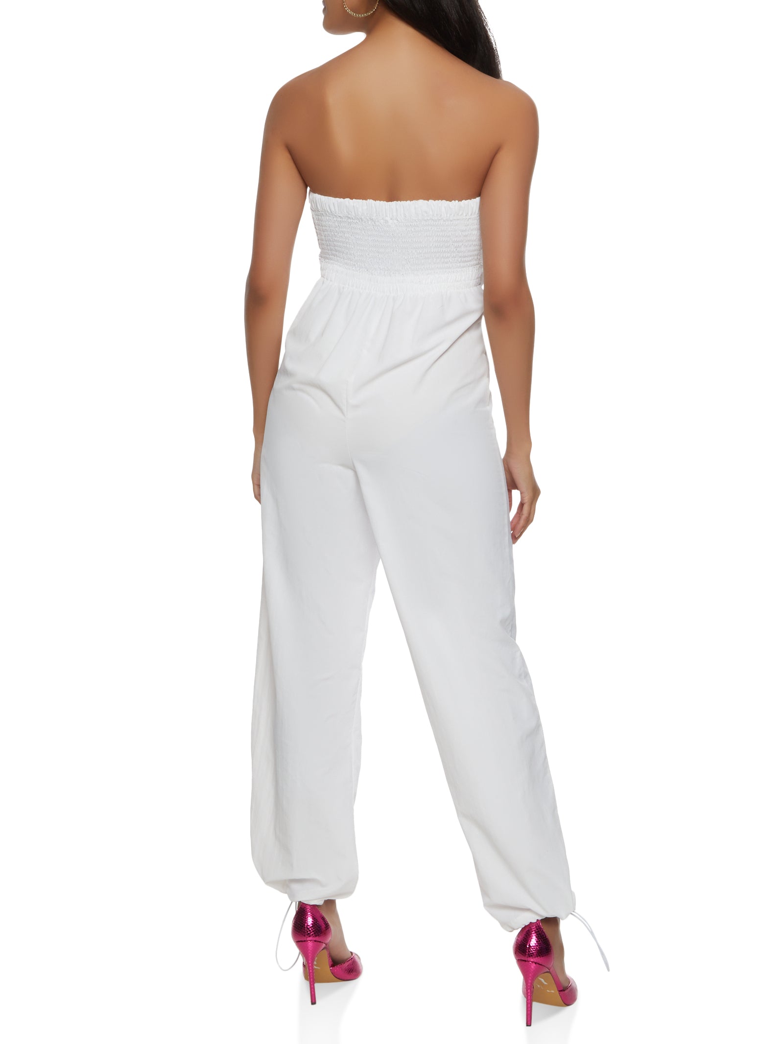 Womens Ruched Strapless Cargo Pocket Jumpsuit, White, Size M