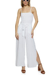 Smocked Square Neck Sleeveless Tie Waist Waistline Belted Jumpsuit