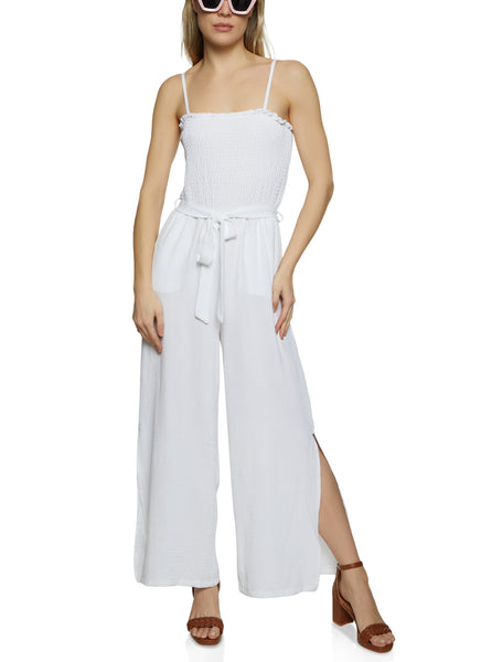 Belted Tie Waist Waistline Smocked Square Neck Sleeveless Jumpsuit