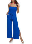 Sleeveless Belted Tie Waist Waistline Smocked Square Neck Jumpsuit