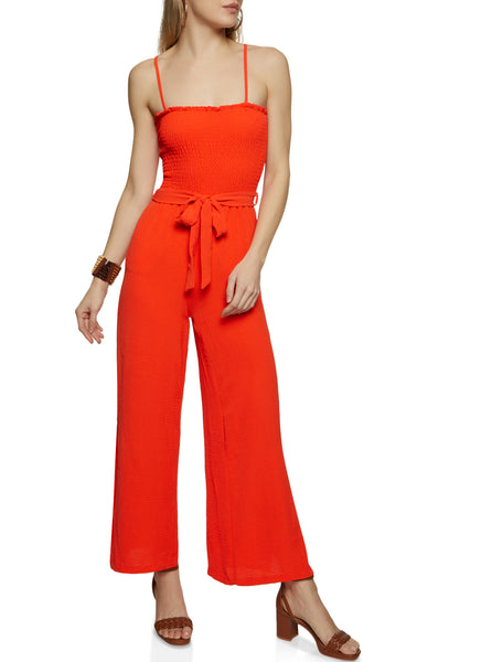 Smocked Square Neck Belted Tie Waist Waistline Sleeveless Jumpsuit