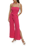 Smocked Square Neck Tie Waist Waistline Sleeveless Belted Jumpsuit