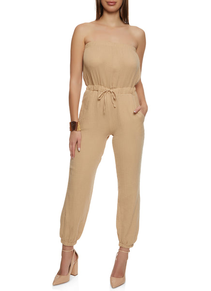 Strapless Knit Drawstring Ruched Sleeveless Jumpsuit