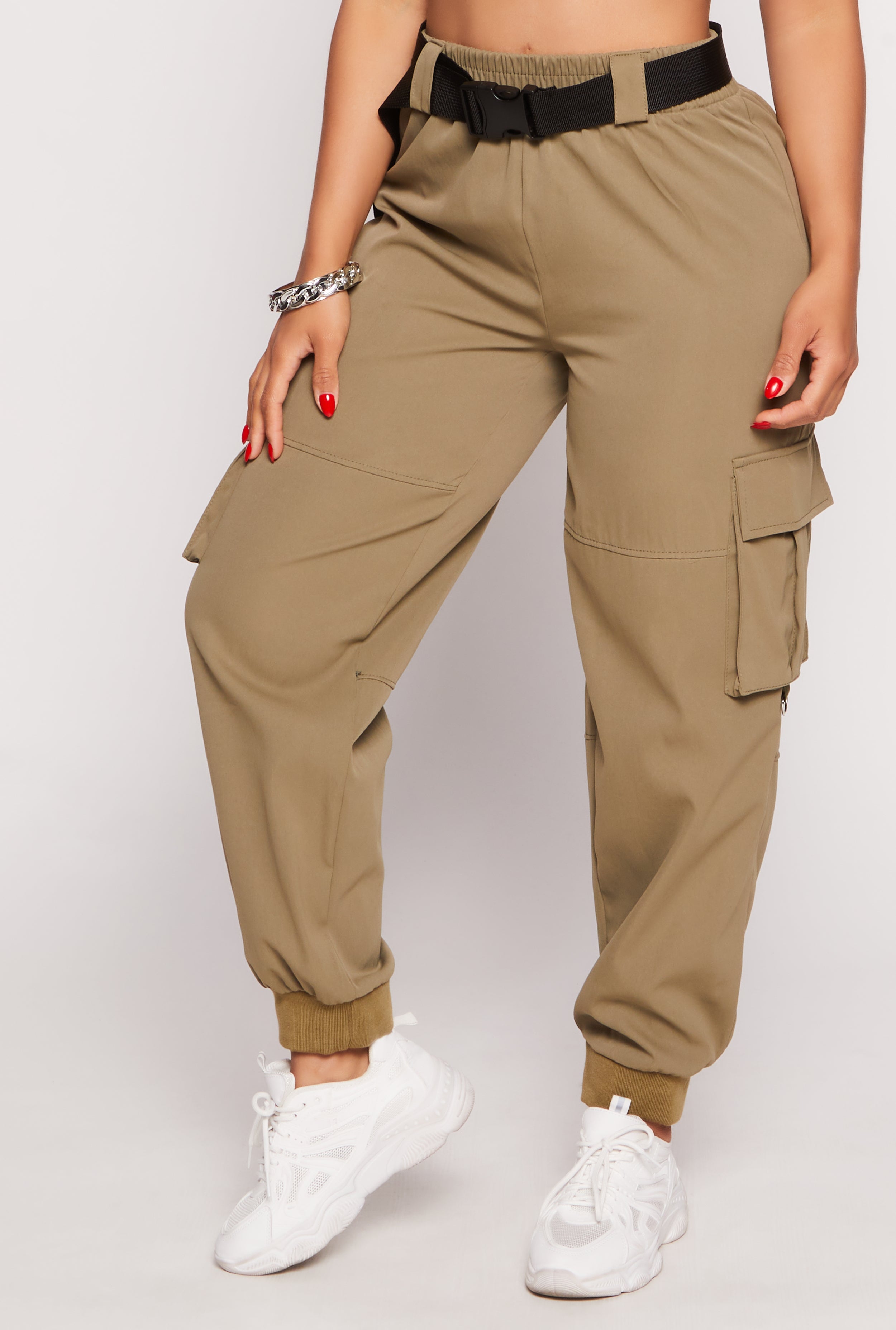 Womens Poplin Buckle Belted Cargo Joggers, Green, Size XL