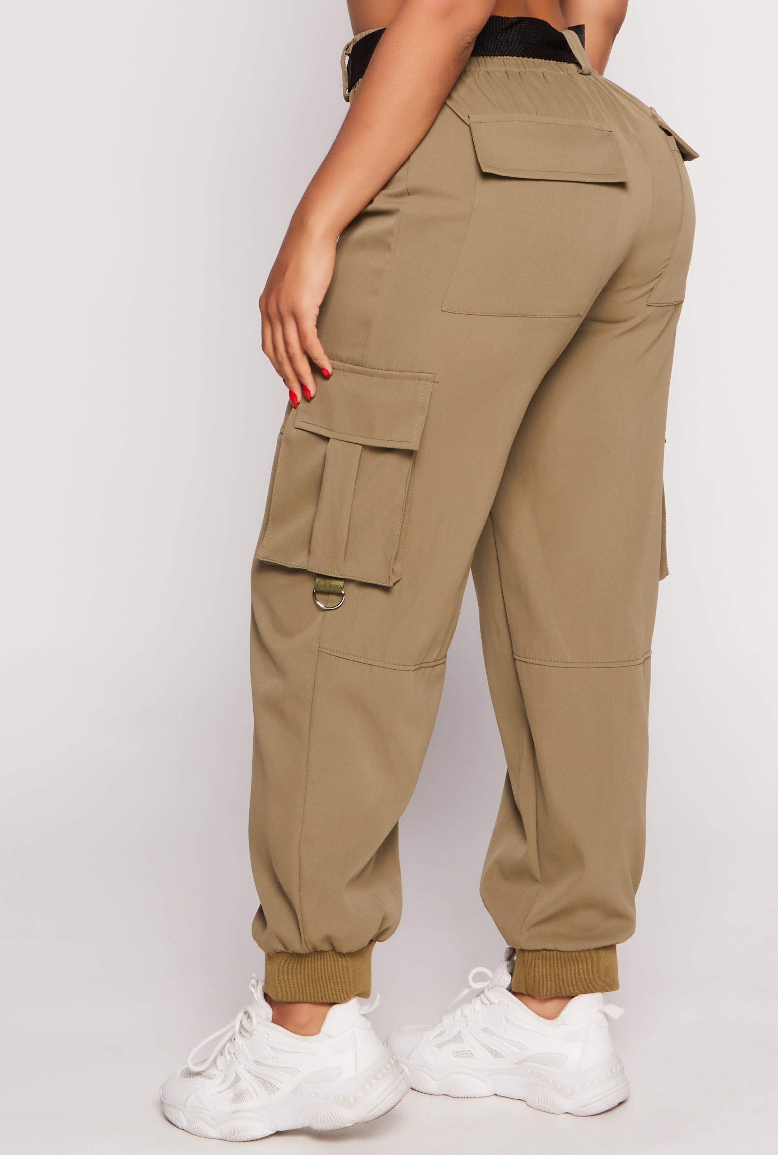 Womens Poplin Buckle Belted Cargo Joggers,