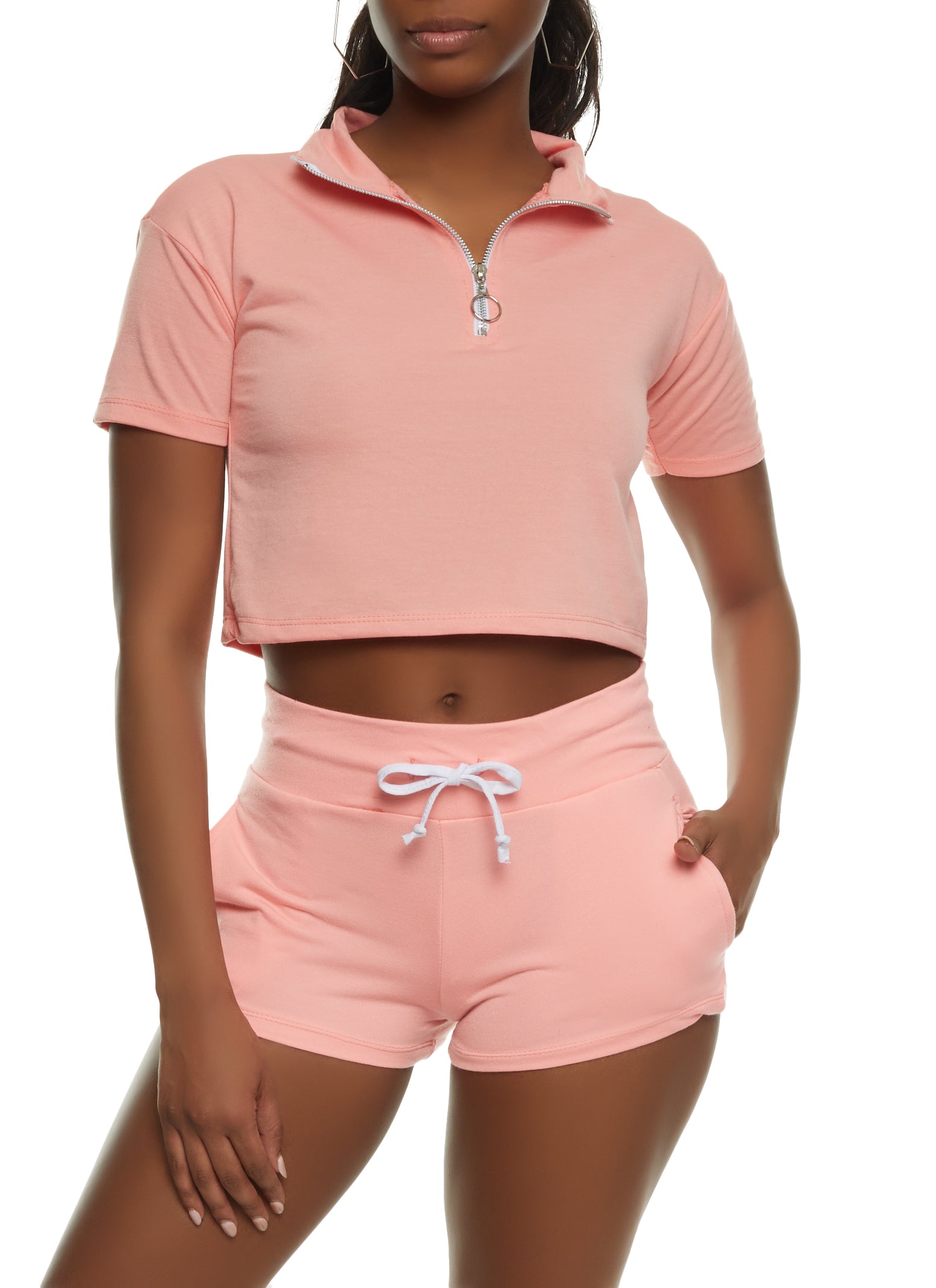 Womens Solid Zip Neck Cropped Polo Shirt, Pink, Size S