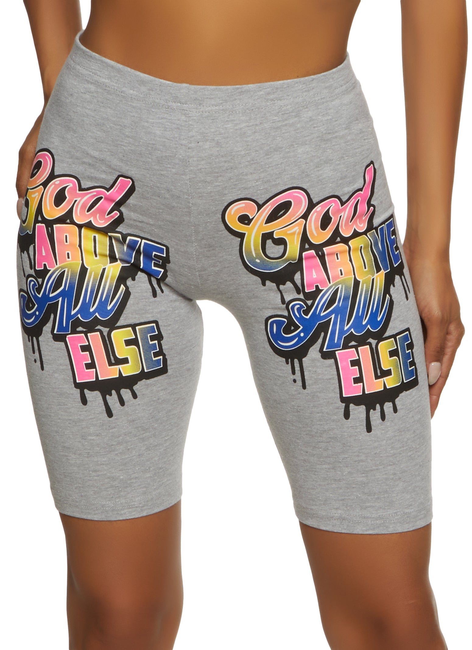 Womens God Above All Else Biker Shorts, Grey,