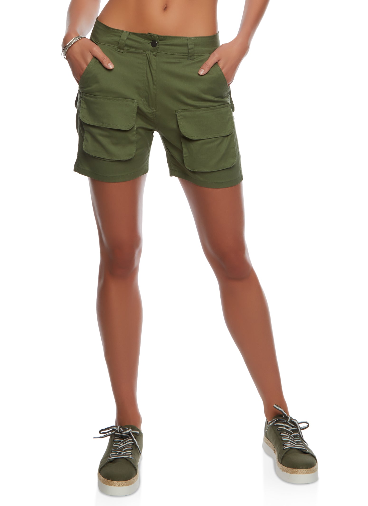 Womens High Waist Cargo Pocket Bermuda Shorts, Green, Size S