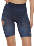 Womens Denim Print Distressed Biker Shorts, ,