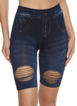 Womens Whiskered Denim Print Laser Cut Biker Shorts, ,