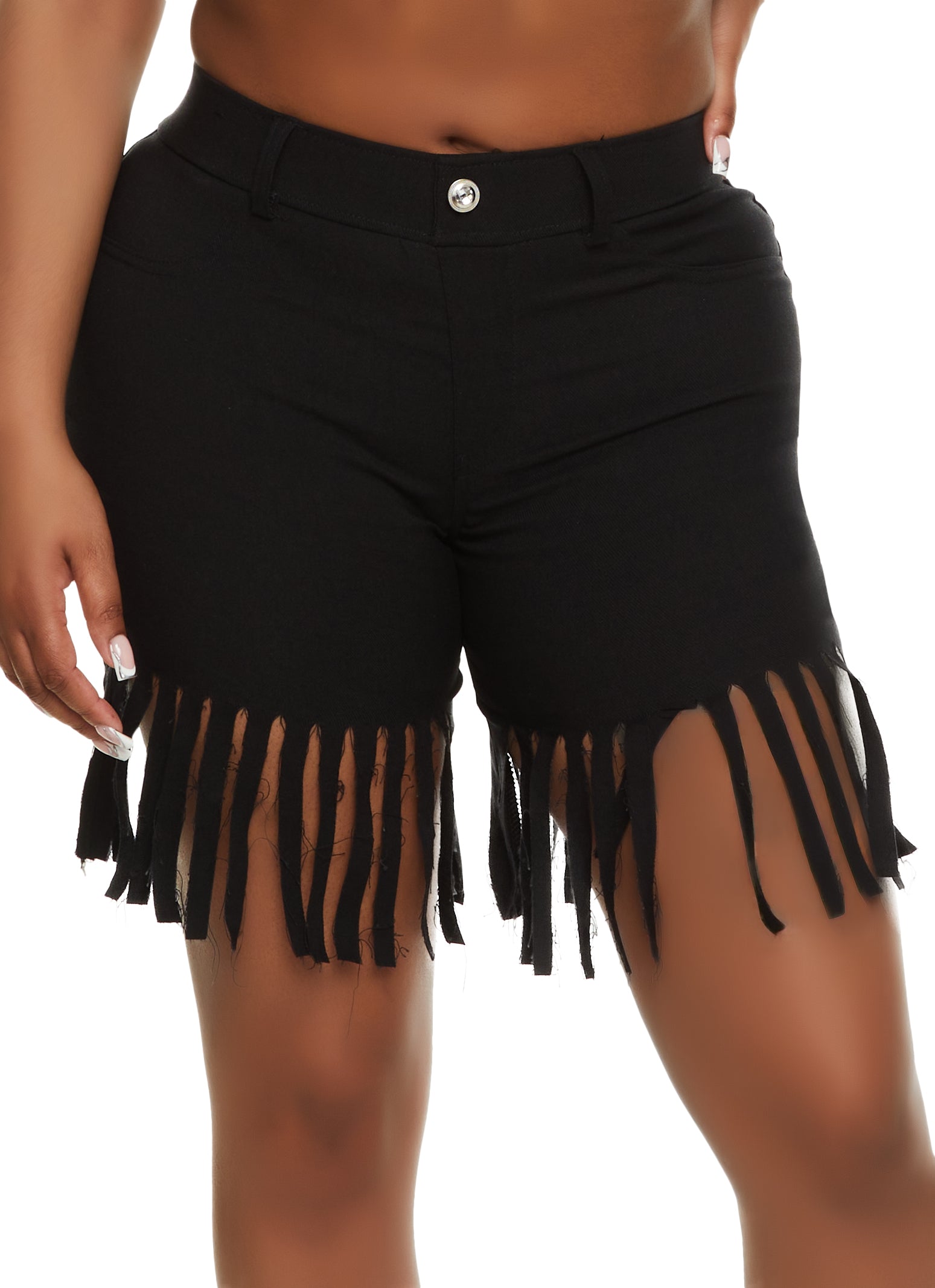 Womens Fringe Hem High Rise Denim Shorts, Black, Size M