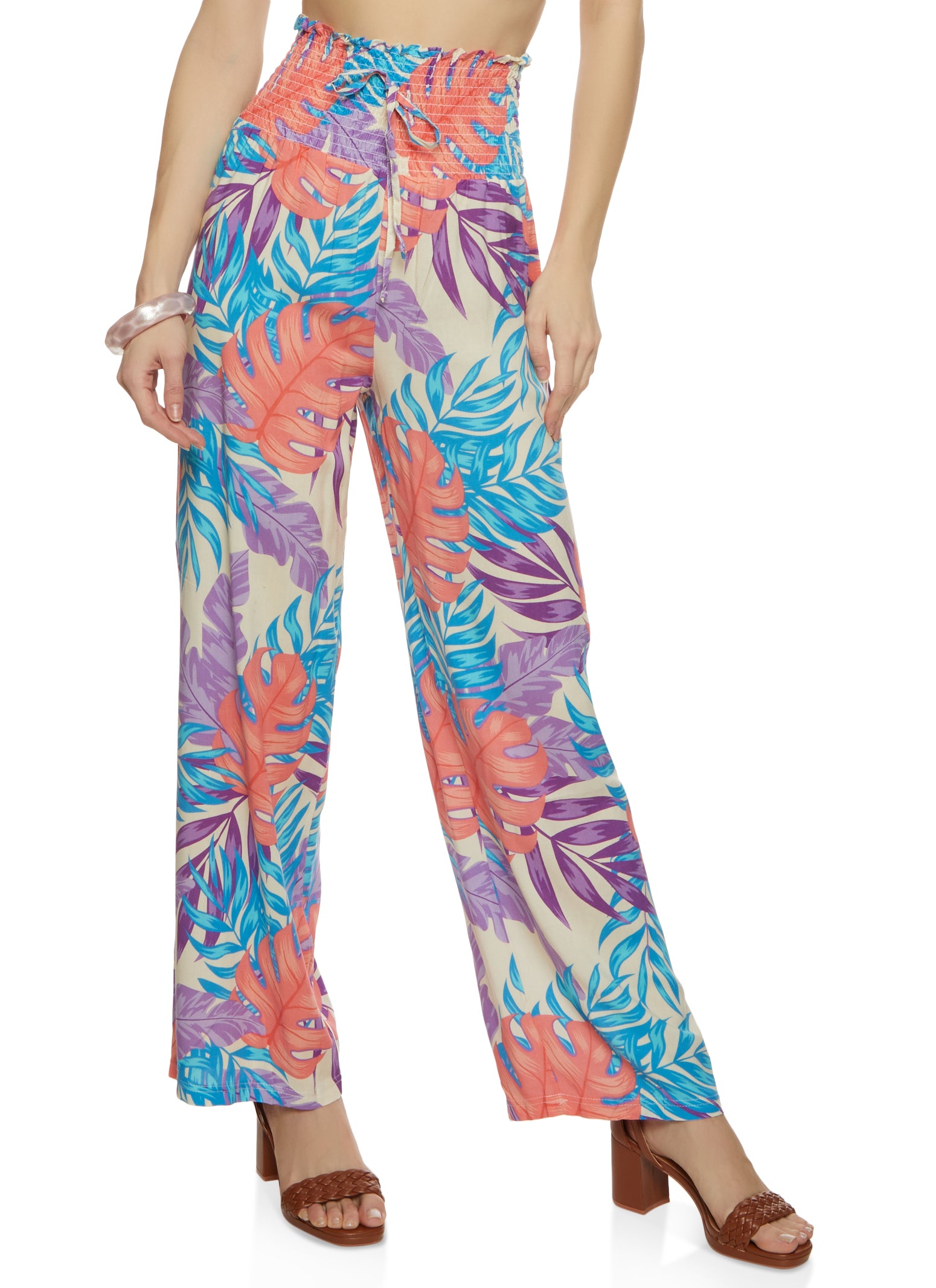Rainbow Shops Womens Smocked Waist Tropical Print Wide Leg Pants, XL