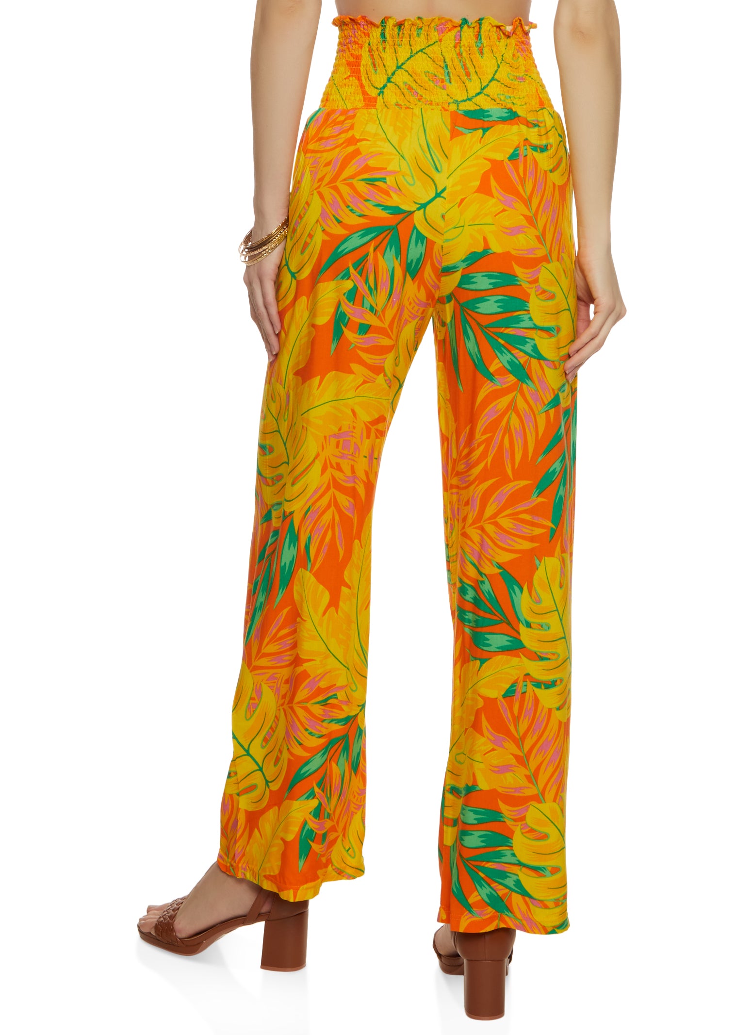 Rainbow Shops Womens Smocked Waist Tropical Print Wide Leg Pants, XL