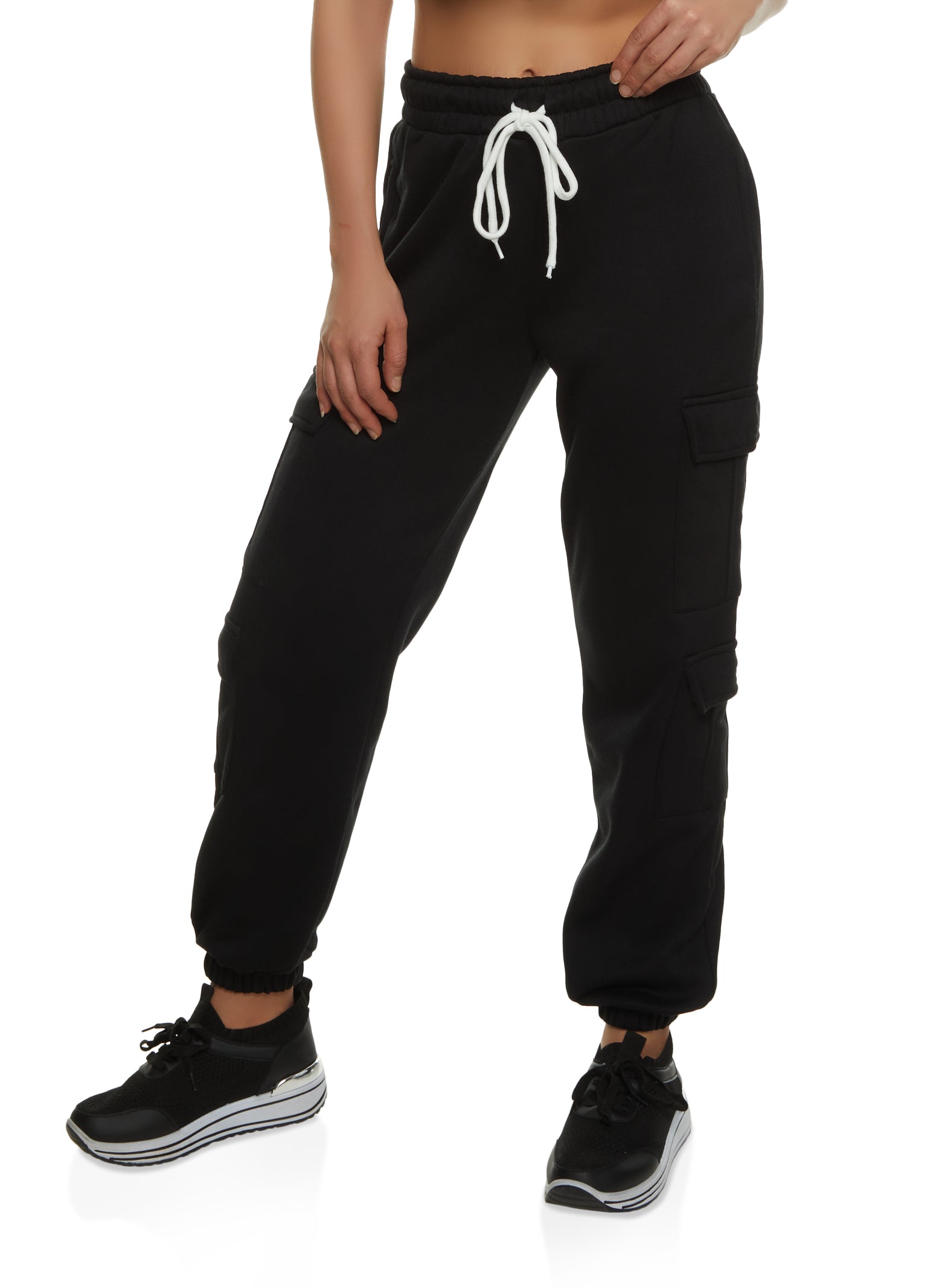 Womens Fleece Cargo Pocket Drawstring Sweatpants,