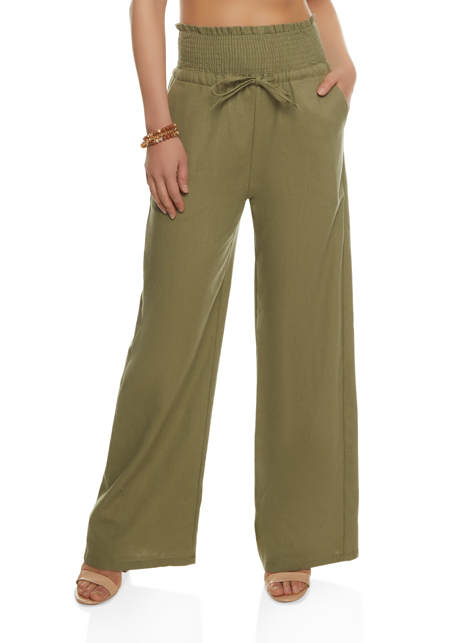 Womens Linen Smocked Waist Wide Leg Pants,