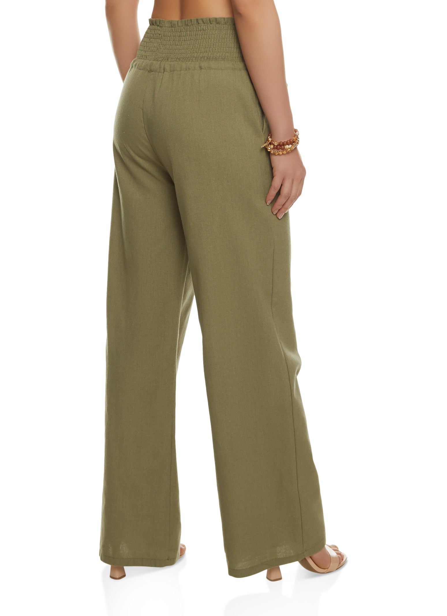 Womens Linen Smocked Waist Wide Leg Pants,