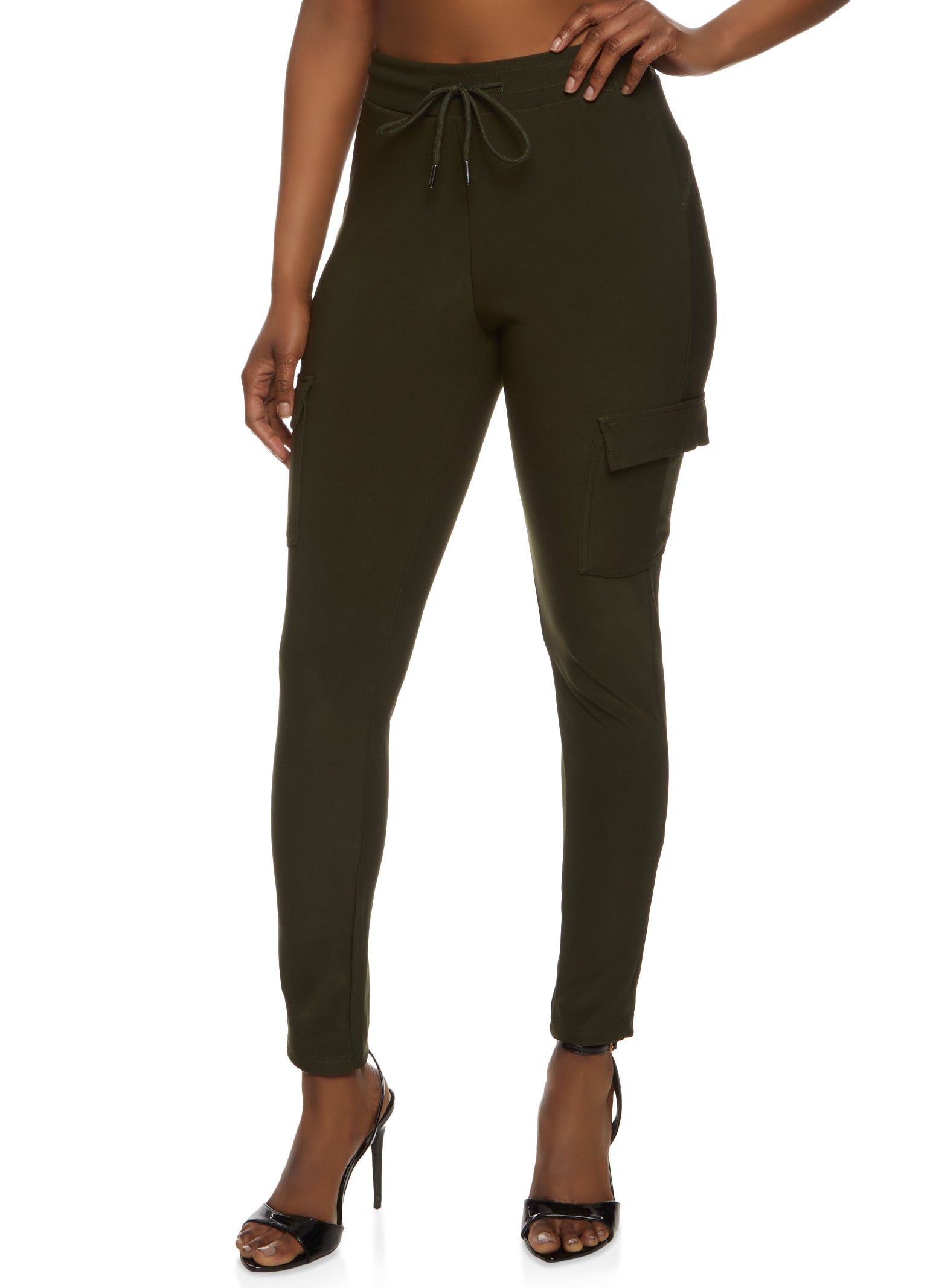 Womens Cargo Pocket Skinny Drawstring Pants, Green,