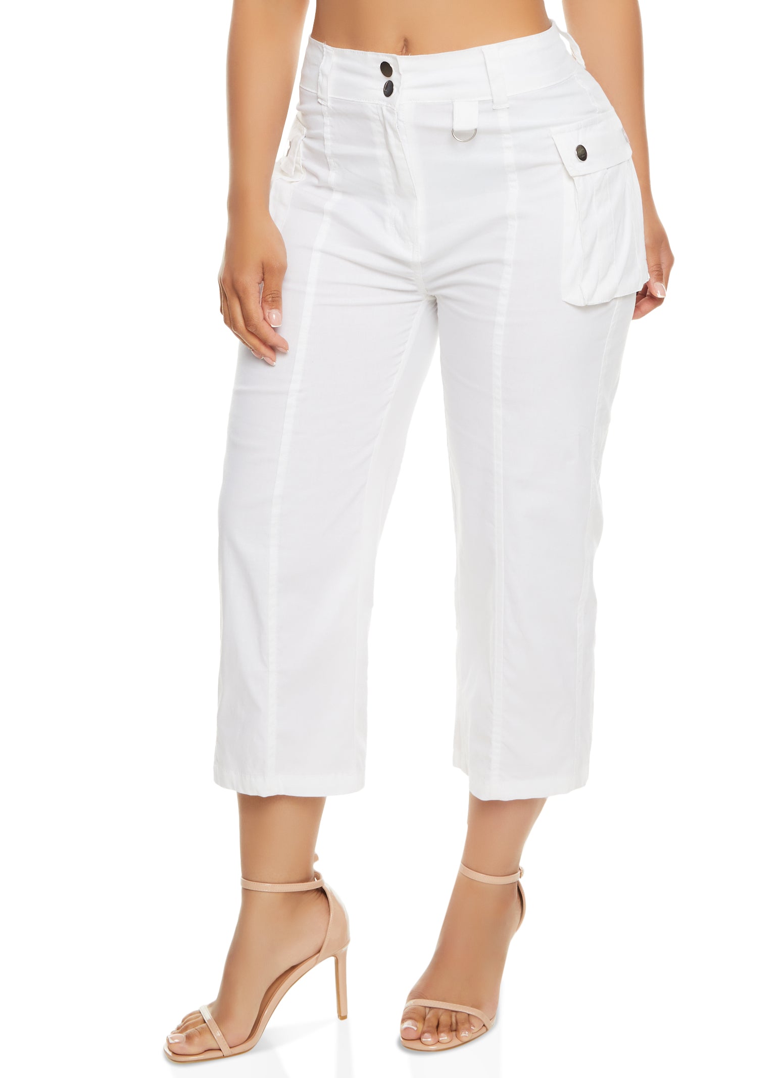 Womens Two Button Capri Cargo Pants, White, Size S