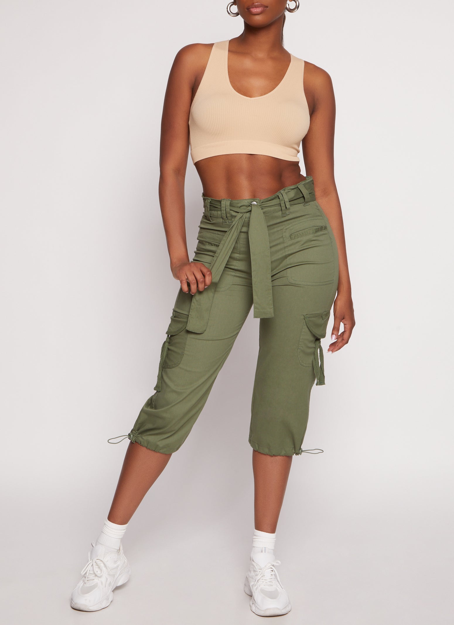 Womens Poplin Tie Waist Capri Cargo Pants, Green, Size S