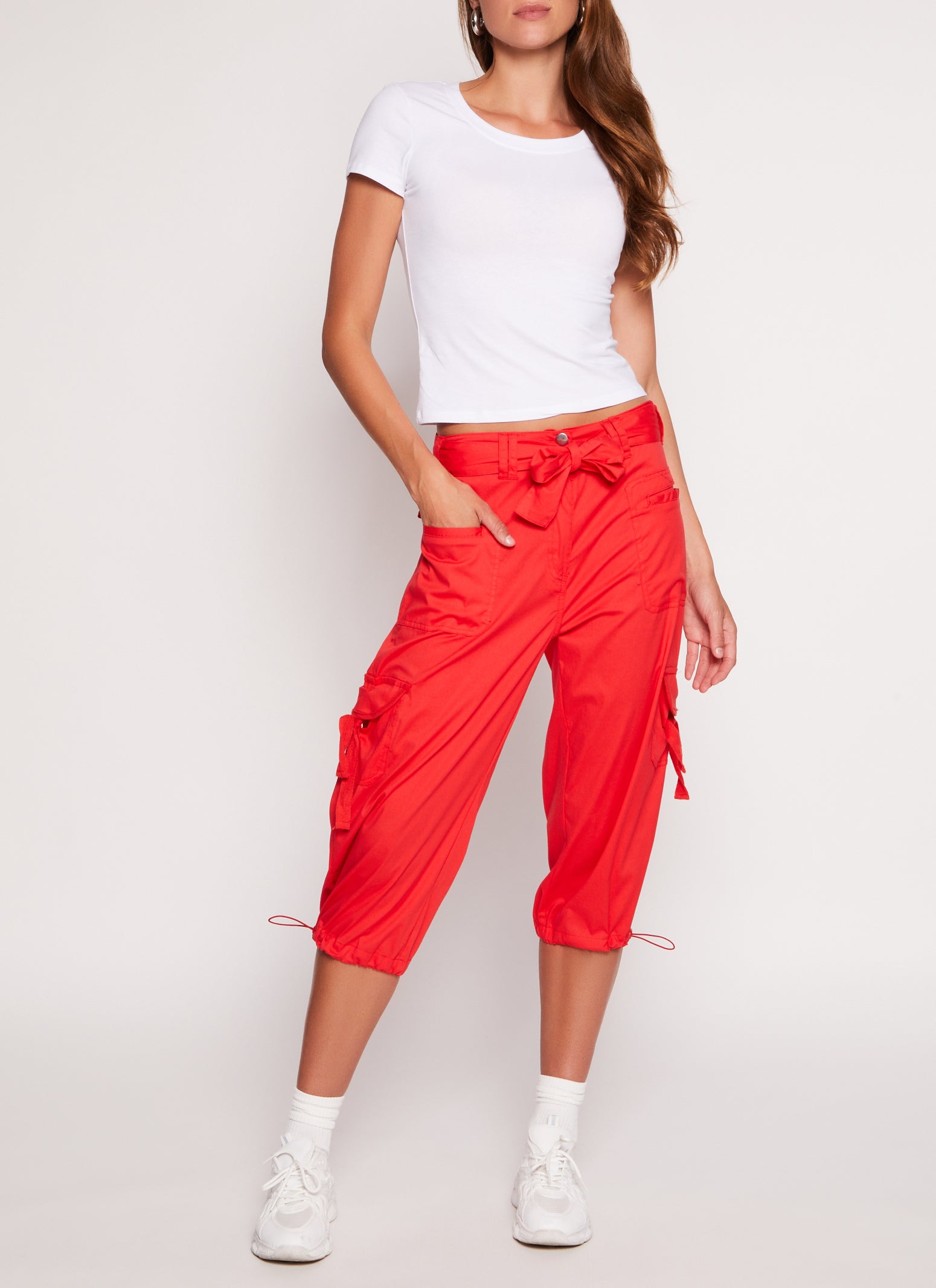 Womens Poplin Tie Waist Capri Cargo Pants, Red,