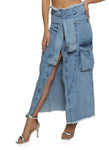 Womens Denim Tie Waist Frayed Hem Denim Maxi Skirt, ,