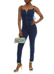 Front Zipper Lace-Up Denim Square Neck Sleeveless Jumpsuit