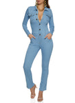 Denim Collared Button Front Long Sleeves Jumpsuit
