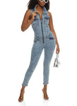 Front Zipper Sleeveless Denim Collared Jumpsuit