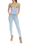 Strapless Denim Button Front Sleeveless Jumpsuit