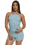 Lace-Up Back Zipper Sleeveless Denim Halter Romper