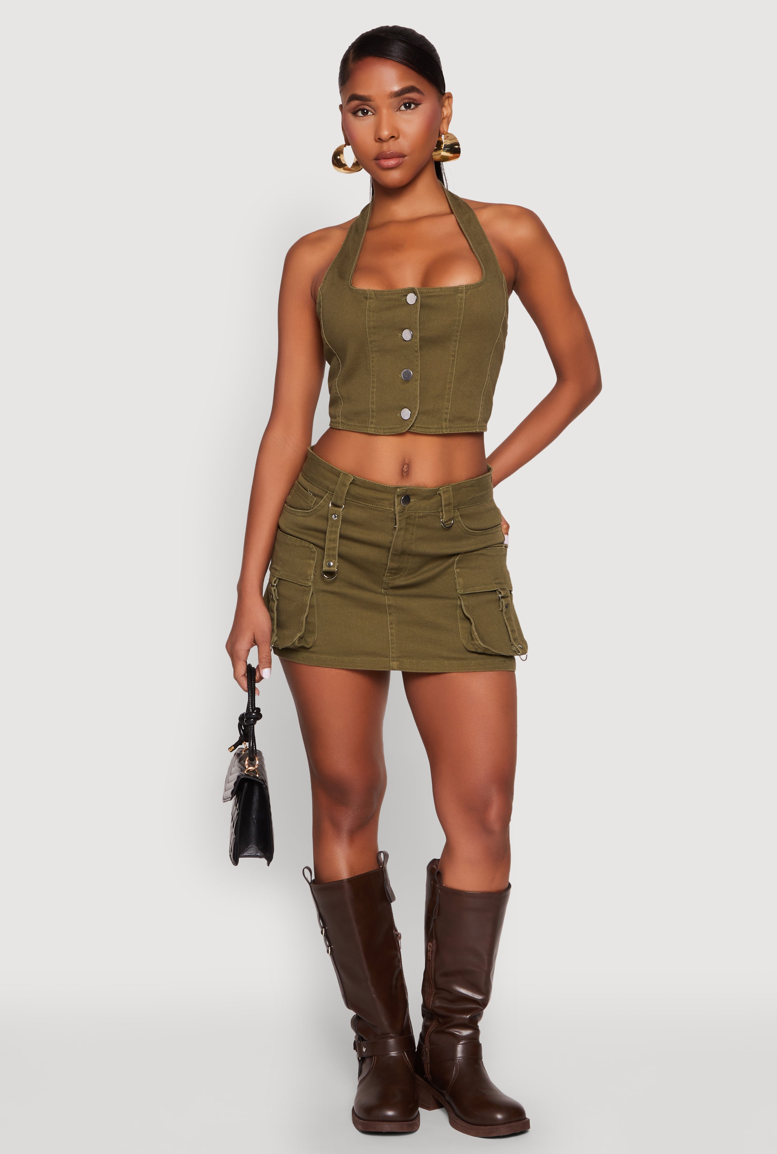 Womens Tabbed Cargo Mini Skirt, Green, Size S