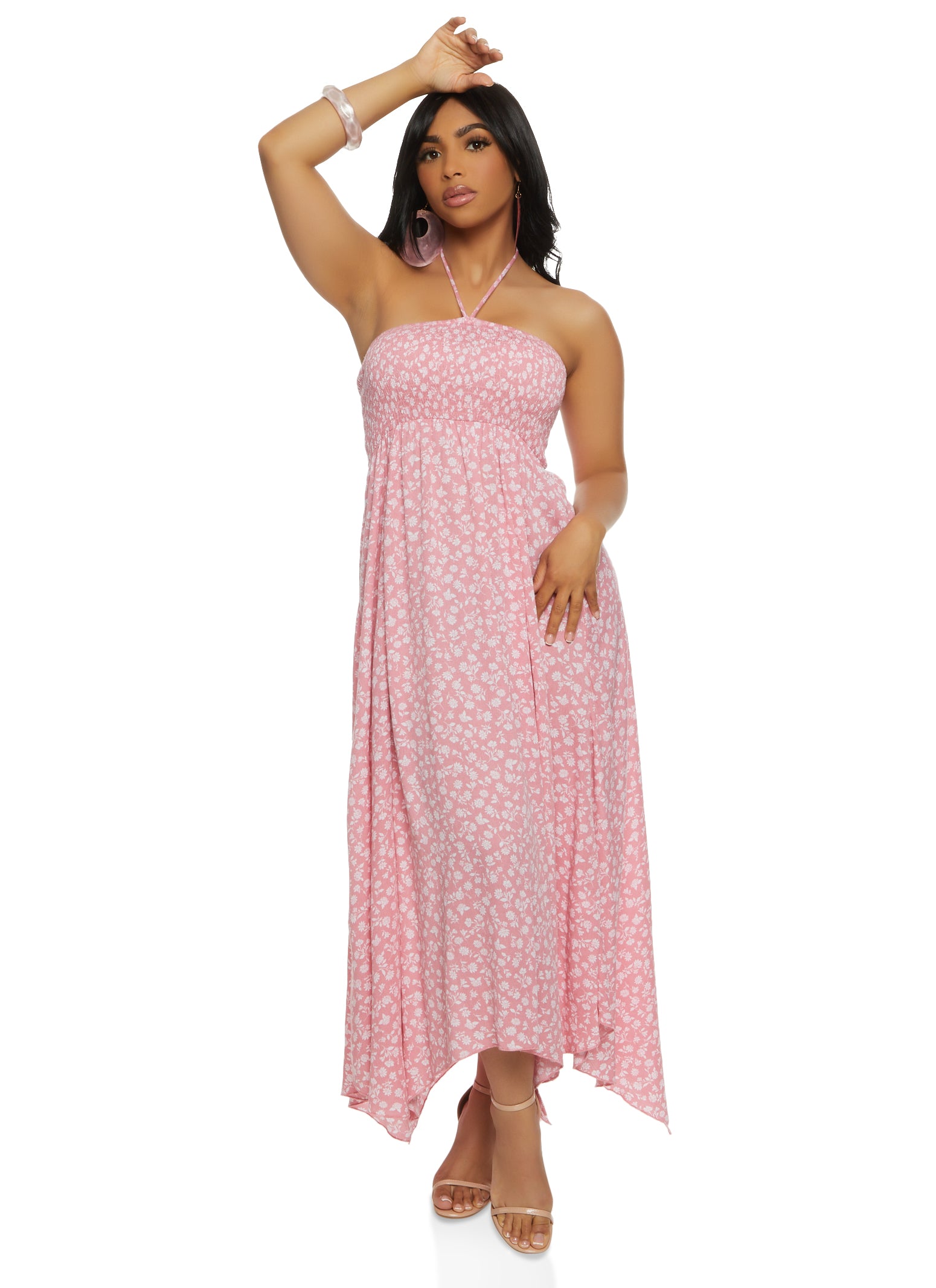 Womens Floral Print Halter Maxi Dress, Pink, Size L