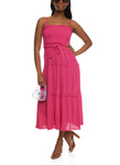 Smocked Square Neck Belted Tiered Sleeveless Spaghetti Strap Tie Waist Waistline Dress